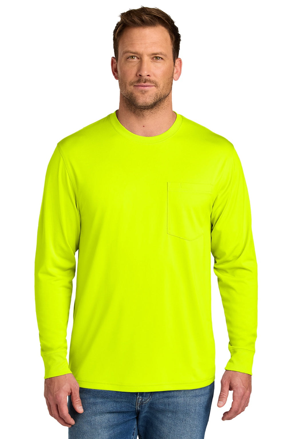 CornerStone CS440LSP Mens Workwear Pro Long Sleeve Crewneck T-Shirt w/ Pocket Safety Yellow Model Front