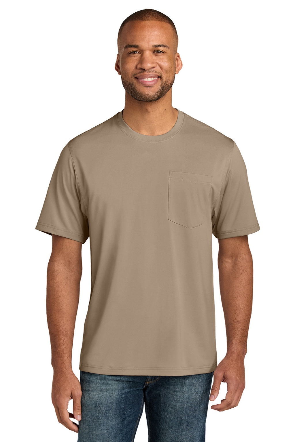 CornerStone CS440P/TLCS440P Mens Workwear Pro Short Sleeve Crewneck T-Shirt w/ Pocket Silver Tan Model Front