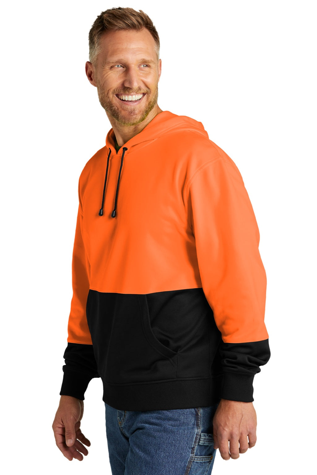 CornerStone CSF01 Mens Enhanced Visibility Moisture Wicking Fleece Hooded Sweatshirt Hoodie w/ Pouch Pocket Safety Orange Model 3q