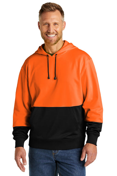 CornerStone CSF01 Mens Enhanced Visibility Moisture Wicking Fleece Hooded Sweatshirt Hoodie w/ Pouch Pocket Safety Orange Model Front
