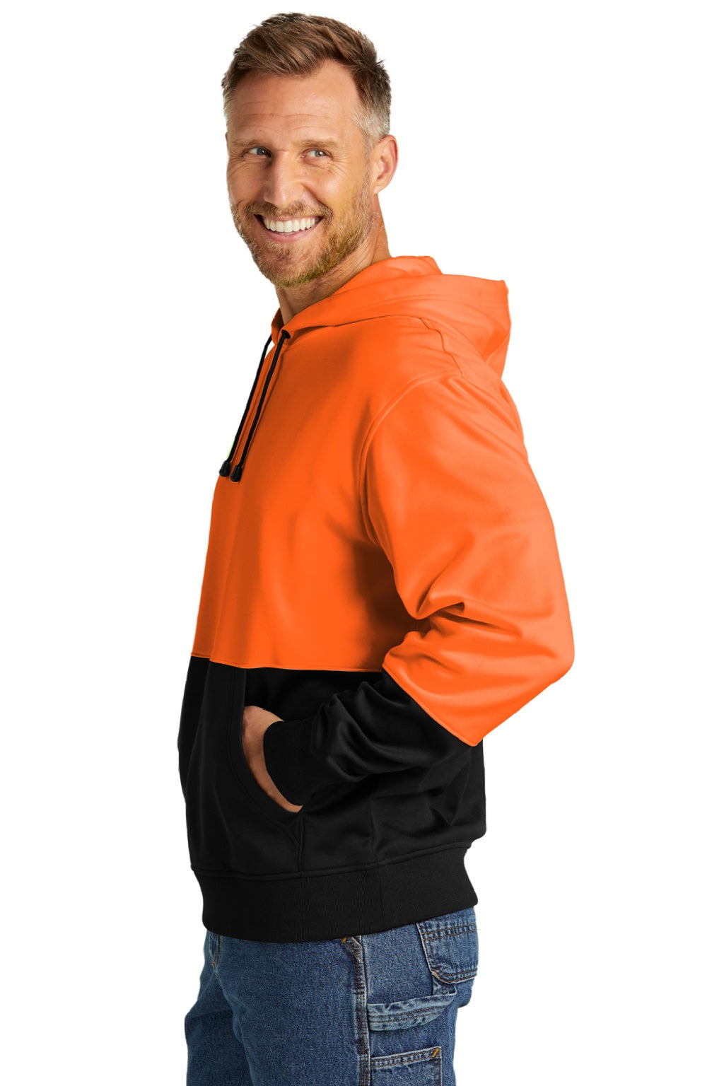 CornerStone CSF01 Mens Enhanced Visibility Moisture Wicking Fleece Hooded Sweatshirt Hoodie w/ Pouch Pocket Safety Orange Model Side
