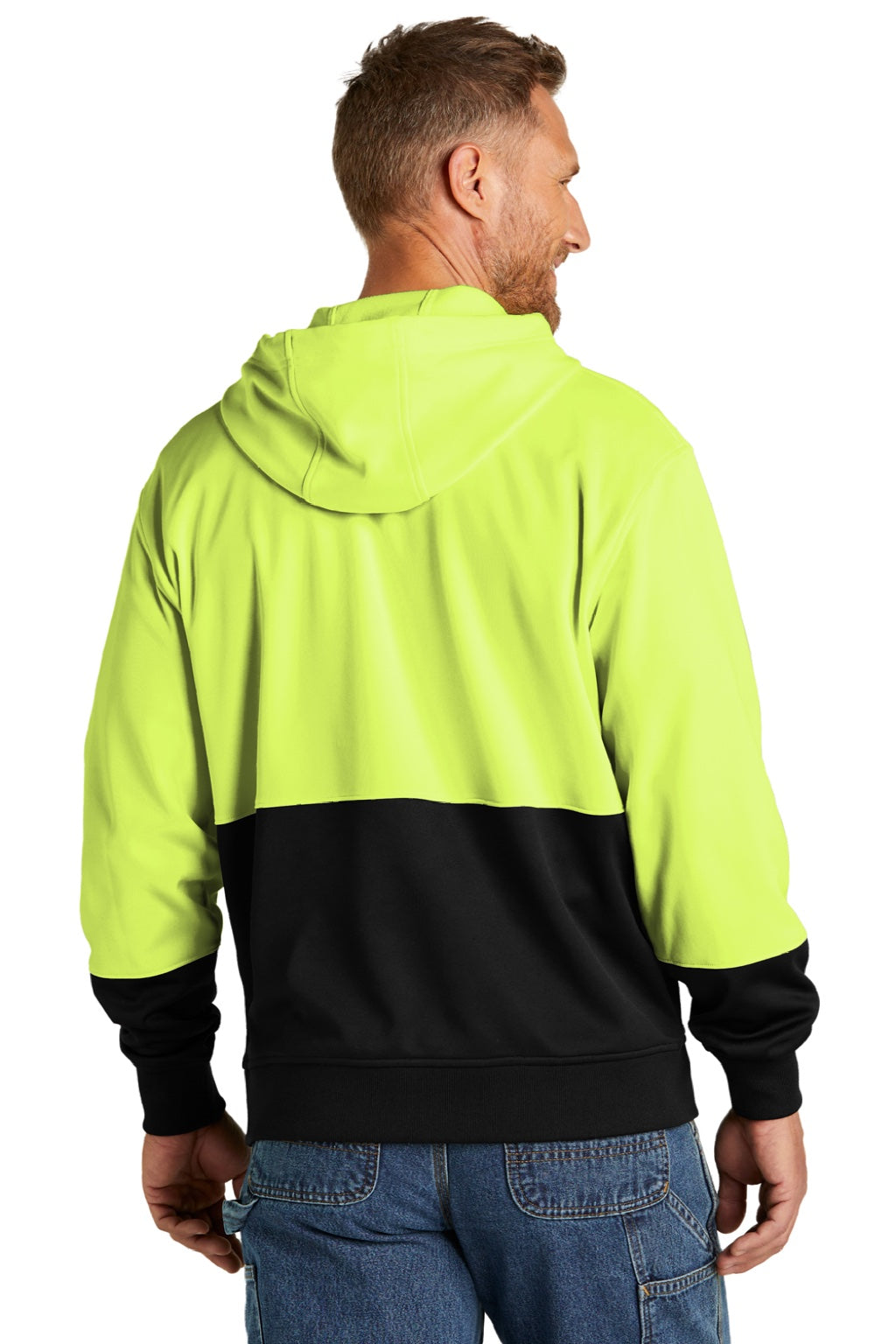 CornerStone CSF01 Mens Enhanced Visibility Moisture Wicking Fleece Hooded Sweatshirt Hoodie w/ Pouch Pocket Safety Yellow Model Back