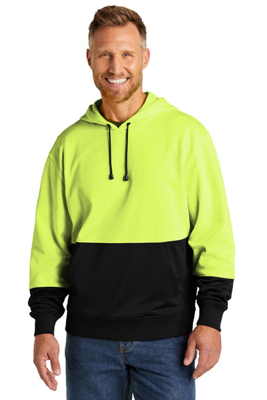 CornerStone CSF01 Mens Enhanced Visibility Moisture Wicking Fleece Hooded Sweatshirt Hoodie w/ Pouch Pocket Safety Yellow Model Front