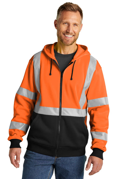 CornerStone CSF300 Mens Enhanced Visibility Fleece Full Zip Hooded Sweatshirt Hoodie w/ Pockets Safety Orange Model Front