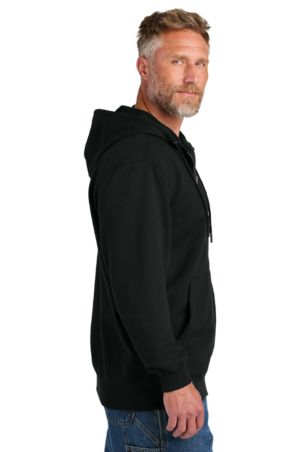 CornerStone CSF631 Mens Tough Fleece Full Zip Hooded Sweatshirt Hoodie w/ Pockets Black Model Side