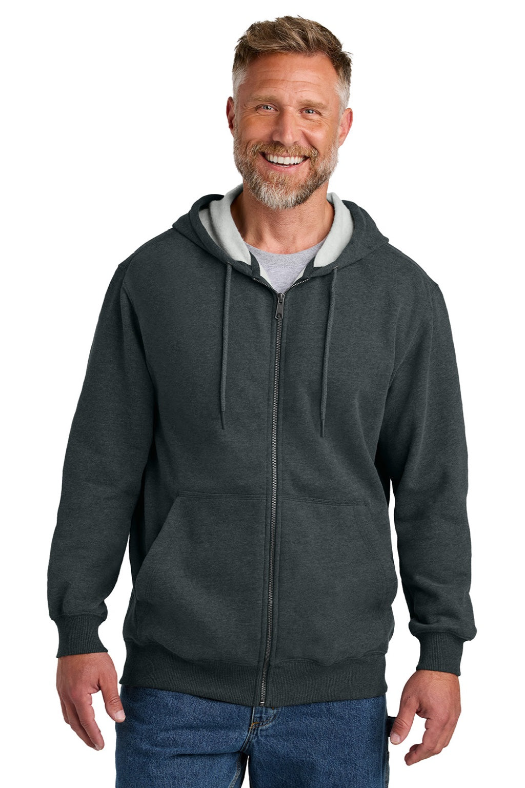 CornerStone CSF631 Mens Tough Fleece Full Zip Hooded Sweatshirt Hoodie w/ Pockets Heather Charcoal Grey Model Front