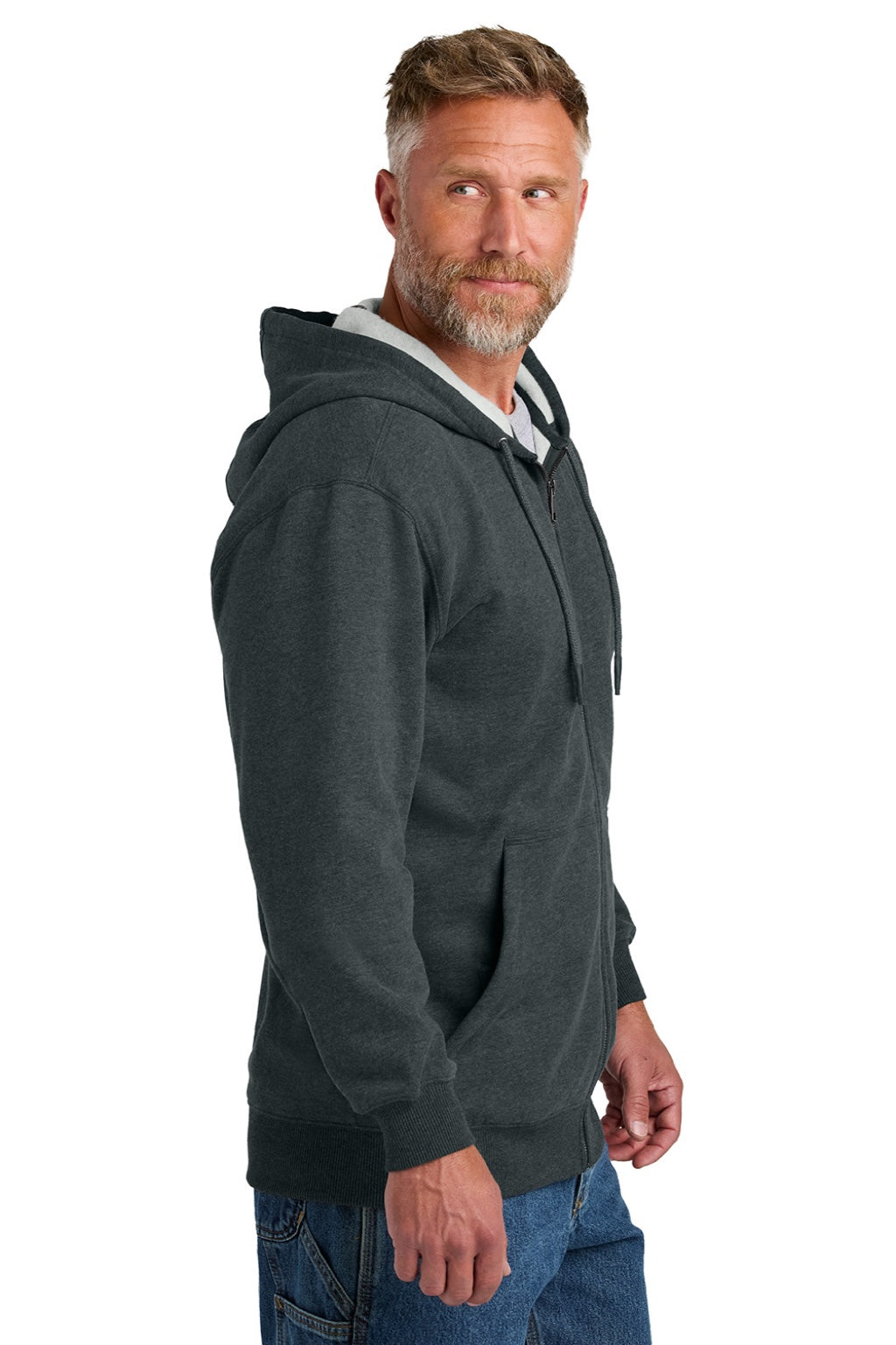 CornerStone CSF631 Mens Tough Fleece Full Zip Hooded Sweatshirt Hoodie w/ Pockets Heather Charcoal Grey Model Side
