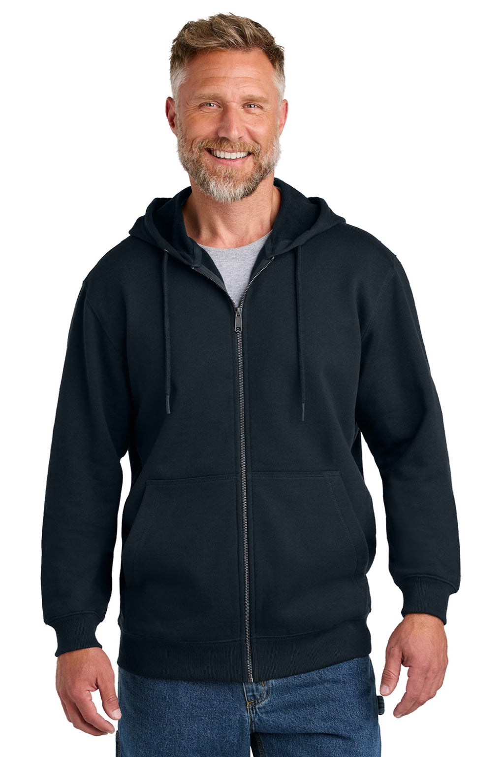 CornerStone CSF631 Mens Tough Fleece Full Zip Hooded Sweatshirt Hoodie w/ Pockets Navy Blue Model Front