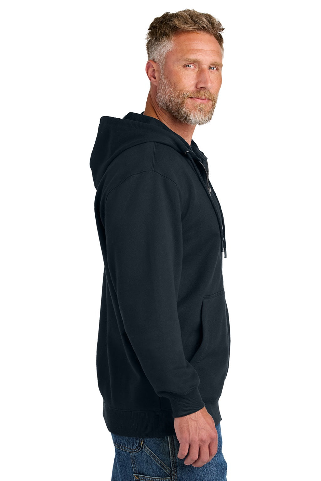 CornerStone CSF631 Mens Tough Fleece Full Zip Hooded Sweatshirt Hoodie w/ Pockets Navy Blue Model Side