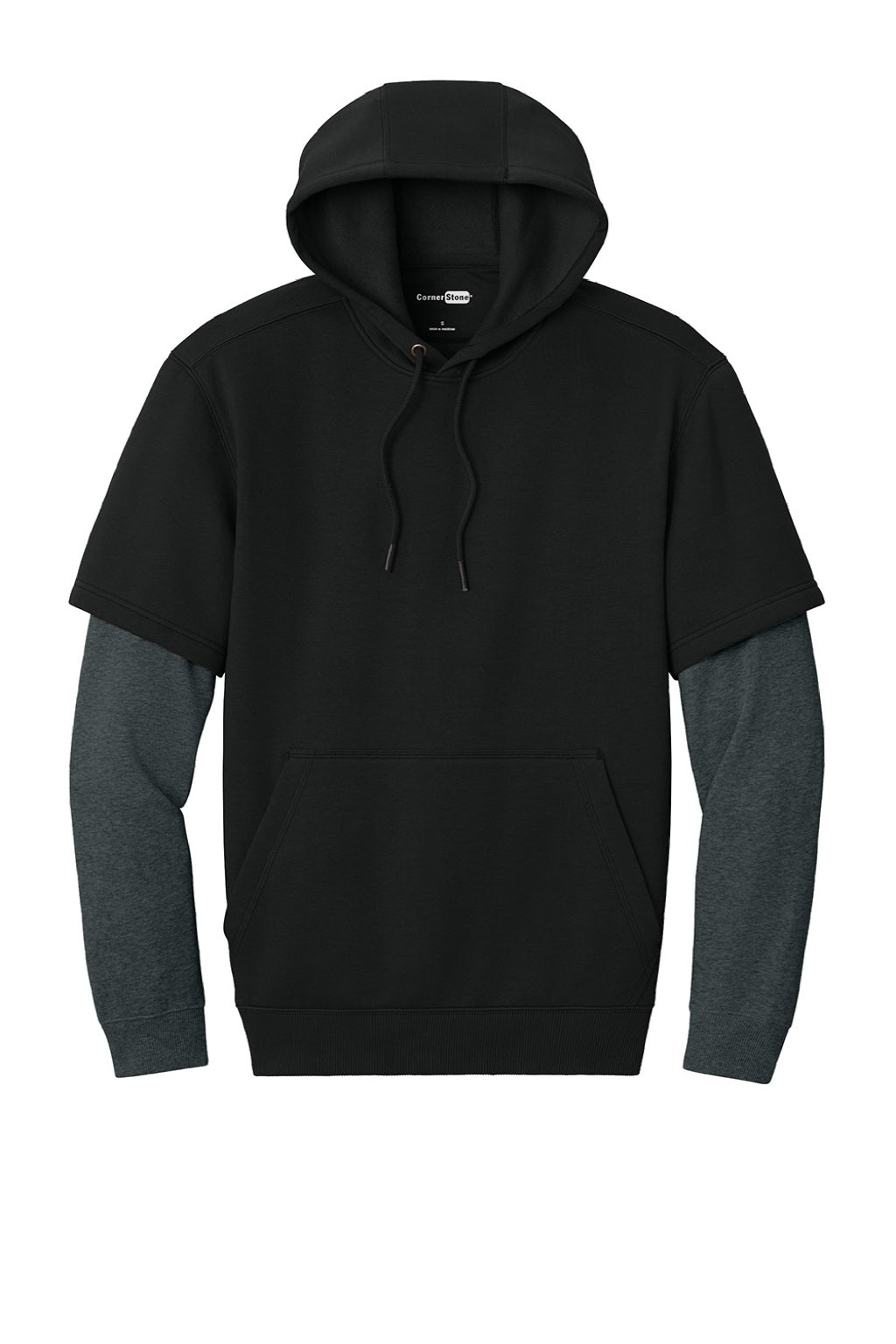 CornerStone CSF632 Mens Tough Fleece Layered Hooded Sweatshirt Hoodie Black/Heather Charcoal Grey Flat Front