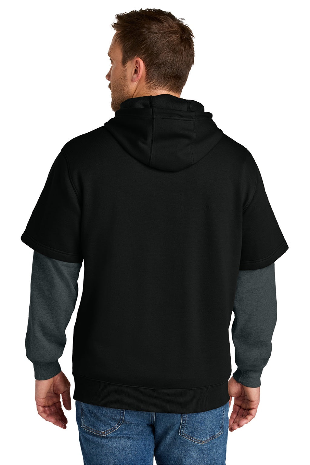 CornerStone CSF632 Mens Tough Fleece Layered Hooded Sweatshirt Hoodie Black/Heather Charcoal Grey Model Back