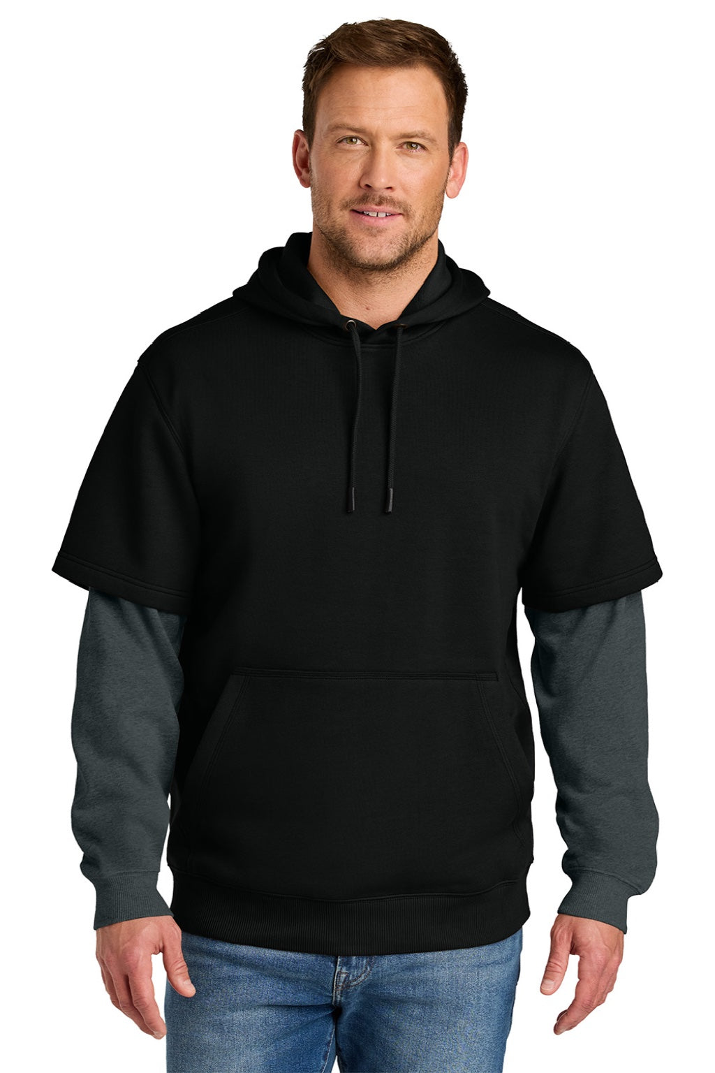 CornerStone CSF632 Mens Tough Fleece Layered Hooded Sweatshirt Hoodie Black/Heather Charcoal Grey Model Front