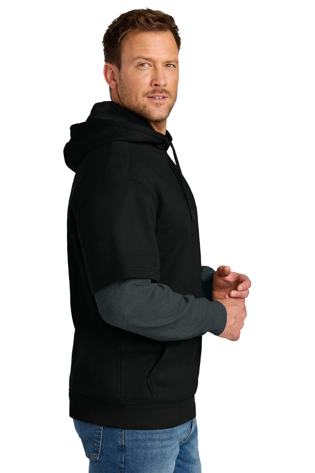 CornerStone CSF632 Mens Tough Fleece Layered Hooded Sweatshirt Hoodie Black/Heather Charcoal Grey Model Side