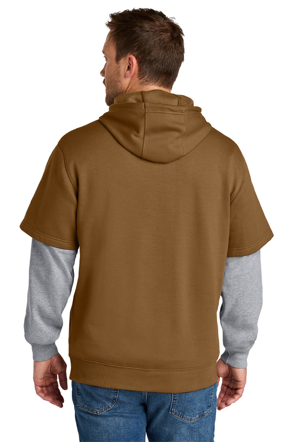 CornerStone CSF632 Mens Tough Fleece Layered Hooded Sweatshirt Hoodie Duck Brown/Heather Grey Model Back
