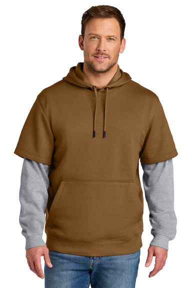 CornerStone CSF632 Mens Tough Fleece Layered Hooded Sweatshirt Hoodie Duck Brown/Heather Grey Model Front