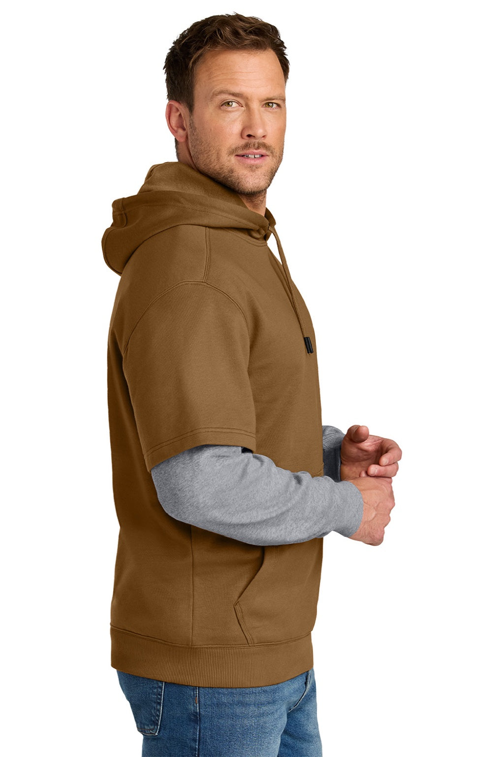 CornerStone CSF632 Mens Tough Fleece Layered Hooded Sweatshirt Hoodie Duck Brown/Heather Grey Model Side