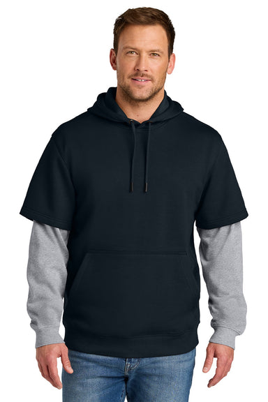 CornerStone CSF632 Mens Tough Fleece Layered Hooded Sweatshirt Hoodie Navy Blue/Heather Grey Model Front