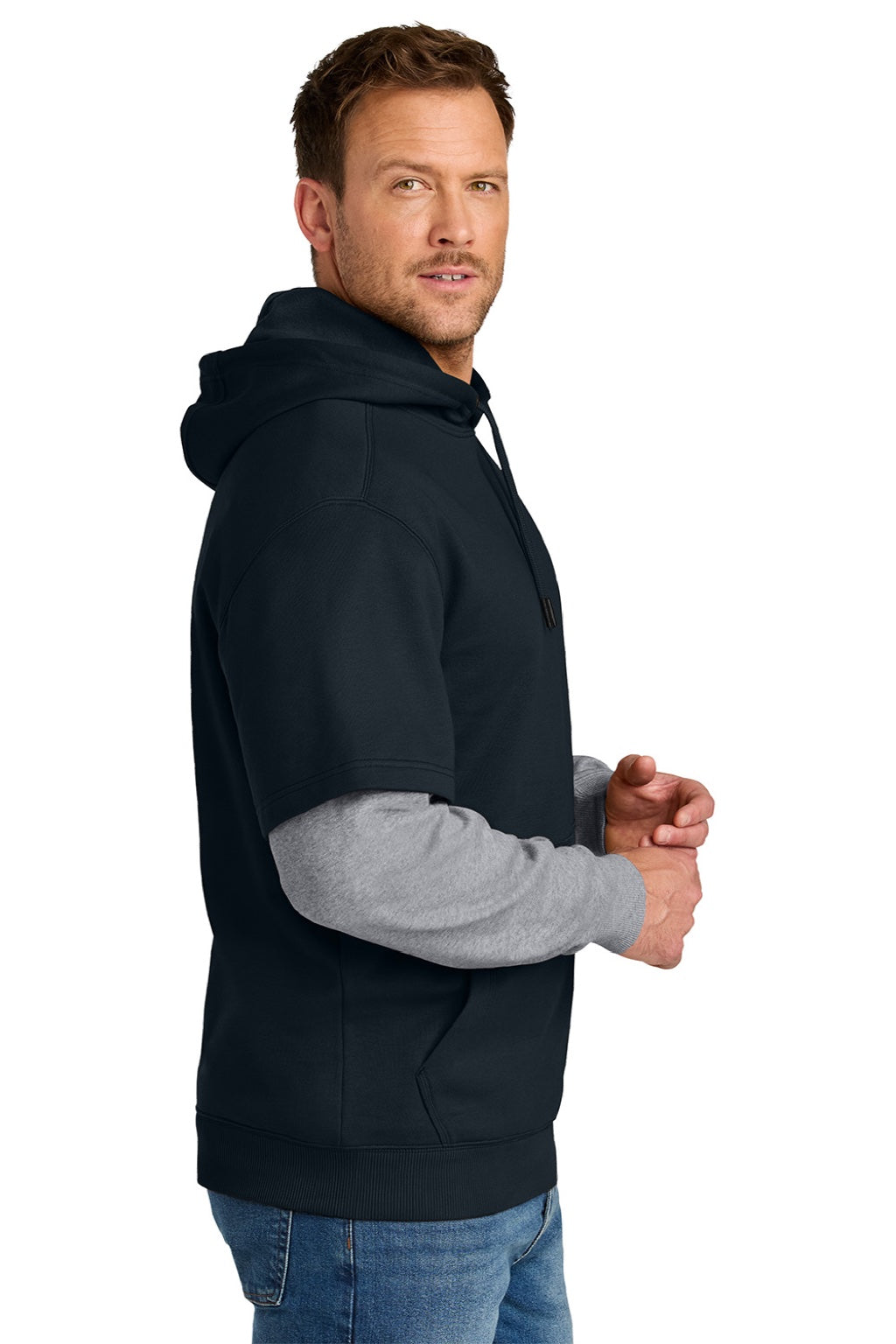 CornerStone CSF632 Mens Tough Fleece Layered Hooded Sweatshirt Hoodie Navy Blue/Heather Grey Model Side