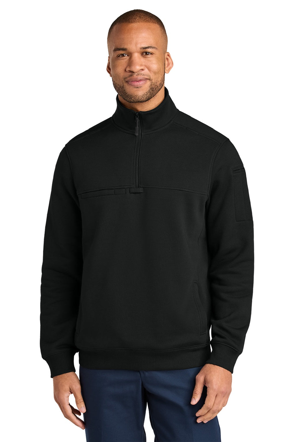 CornerStone CSF635 Mens Tough Fleece 1/4 Zip Sweatshirt Black Model Front