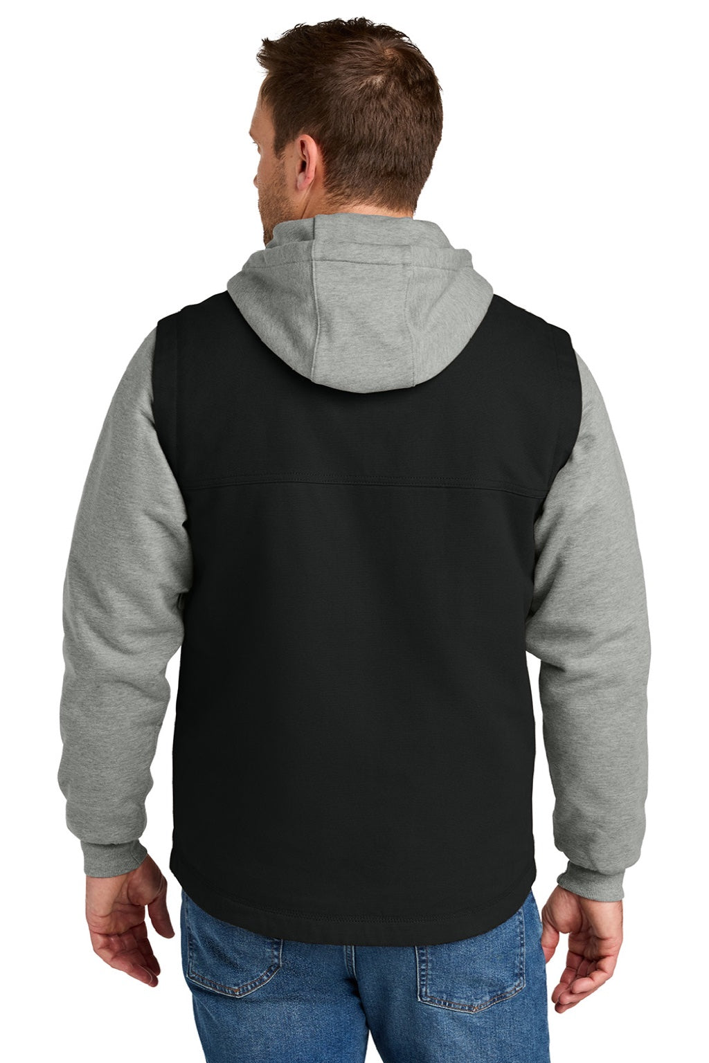 CornerStone CSJ42 Mens Duck Fleece Full Zip Hooded Jacket Black/Heather Grey Model Back