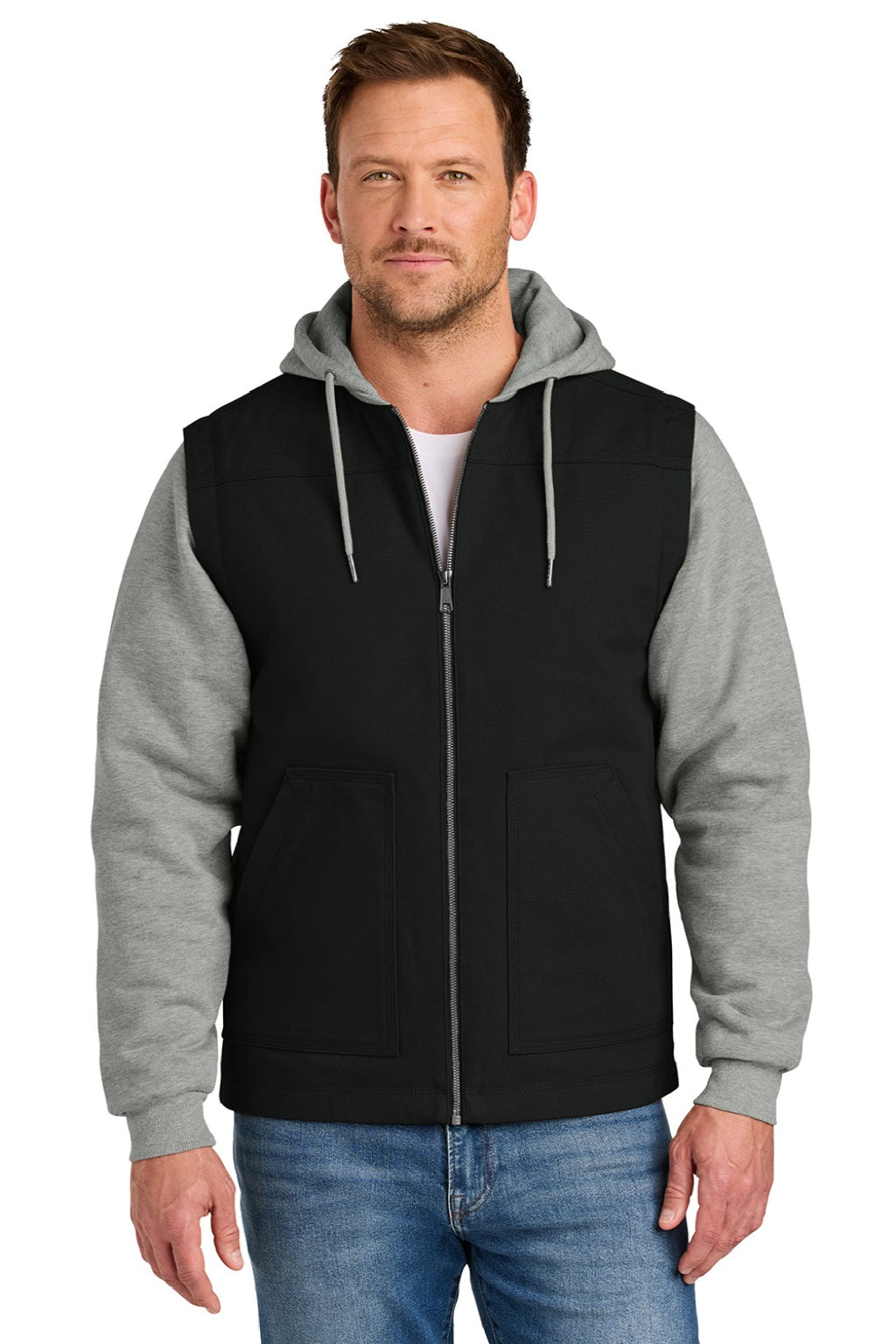 CornerStone CSJ42 Mens Duck Fleece Full Zip Hooded Jacket Black/Heather Grey Model Front
