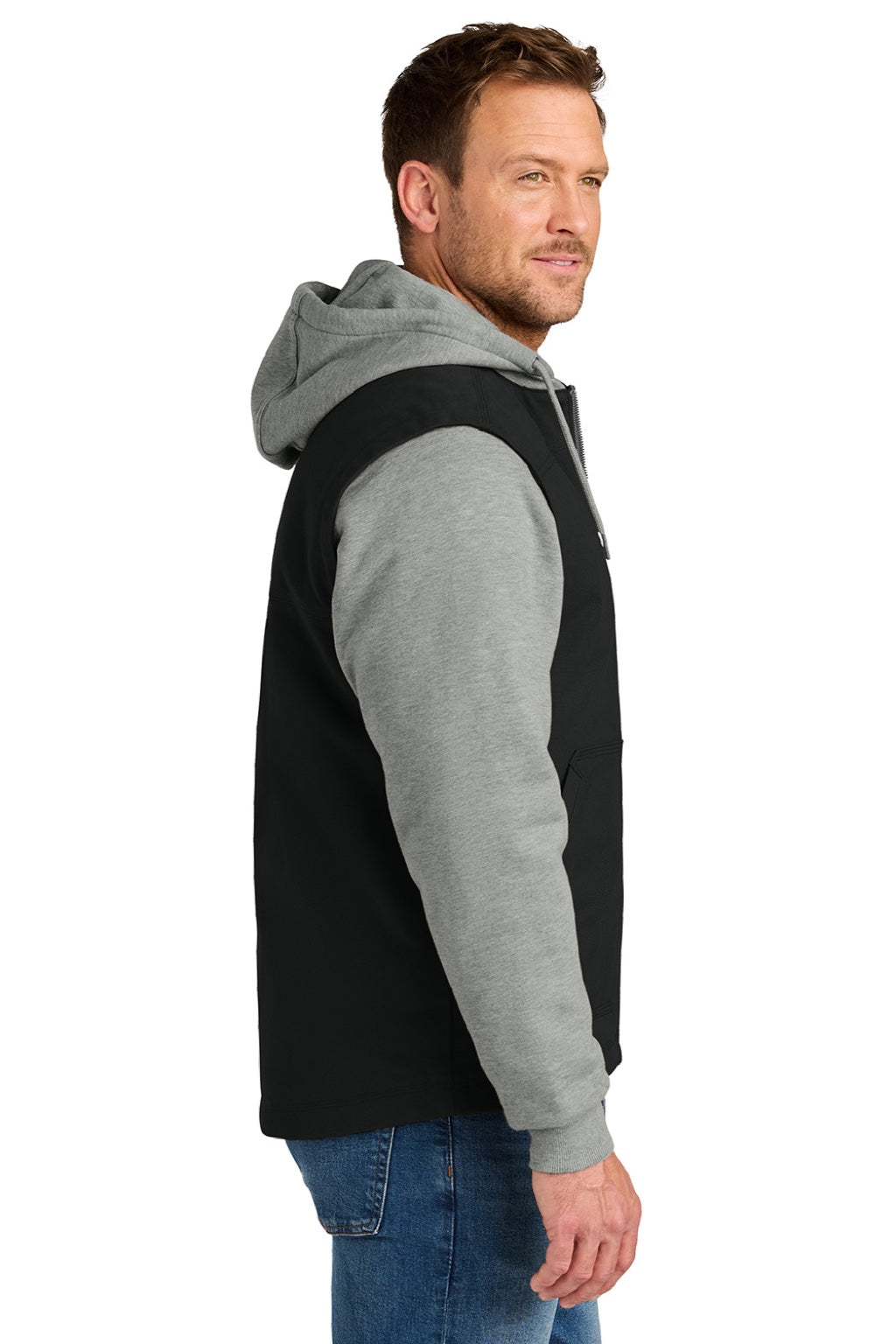 CornerStone CSJ42 Mens Duck Fleece Full Zip Hooded Jacket Black/Heather Grey Model Side