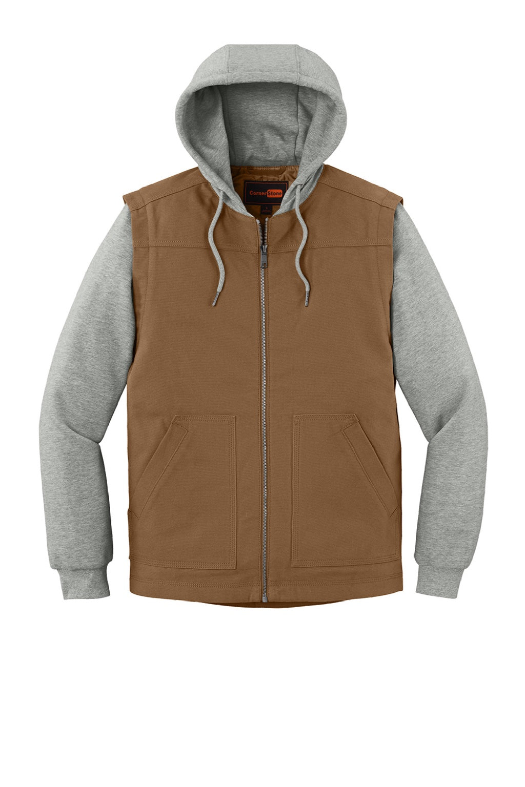 CornerStone CSJ42 Mens Duck Fleece Full Zip Hooded Jacket Duck Brown/Heather Grey Flat Front