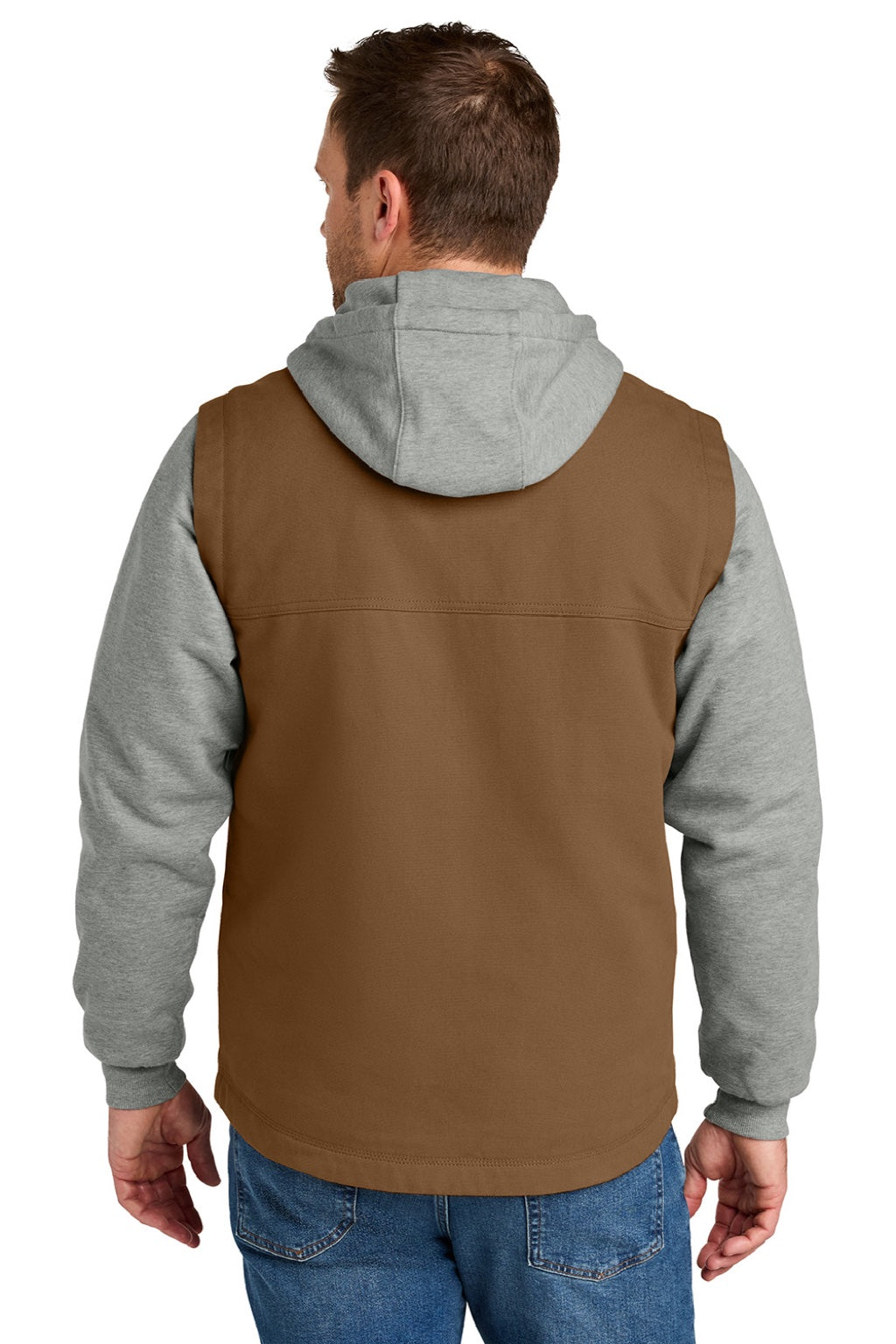 CornerStone CSJ42 Mens Duck Fleece Full Zip Hooded Jacket Duck Brown/Heather Grey Model Back