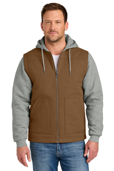 CornerStone CSJ42 Mens Duck Fleece Full Zip Hooded Jacket Duck Brown/Heather Grey Model Front