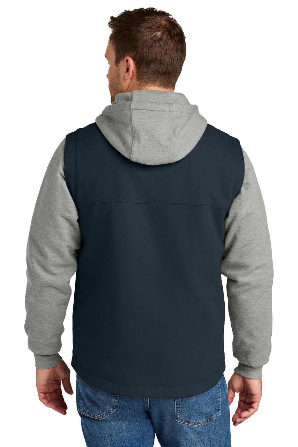 CornerStone CSJ42 Mens Duck Fleece Full Zip Hooded Jacket Navy Blue/Heather Grey Model Back