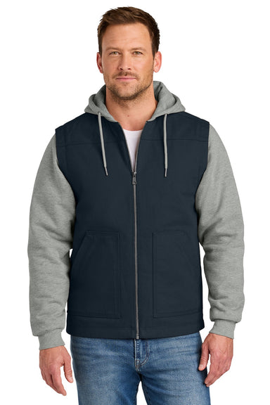CornerStone CSJ42 Mens Duck Fleece Full Zip Hooded Jacket Navy Blue/Heather Grey Model Front