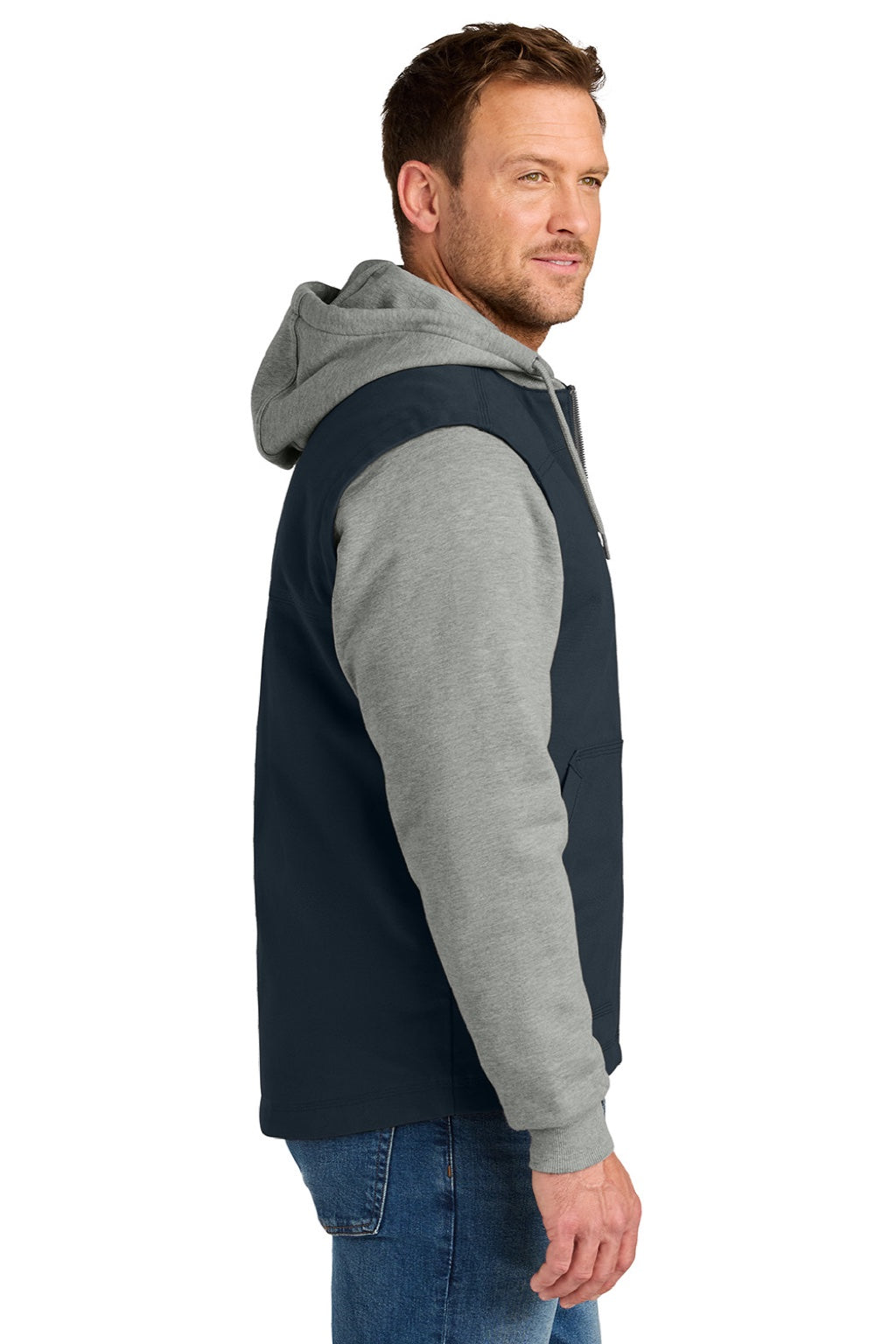 CornerStone CSJ42 Mens Duck Fleece Full Zip Hooded Jacket Navy Blue/Heather Grey Model Side