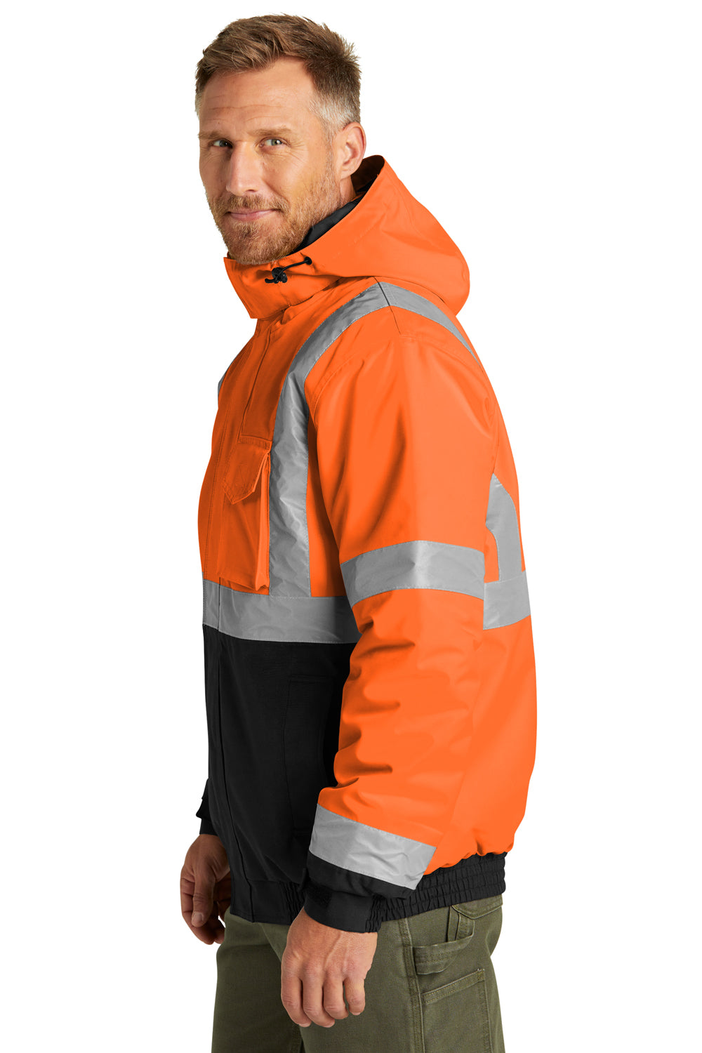 CornerStone CSJ500 Mens Enhanced Visibility Waterproof Full Zip Hooded Jacket Safety Orange Model Side