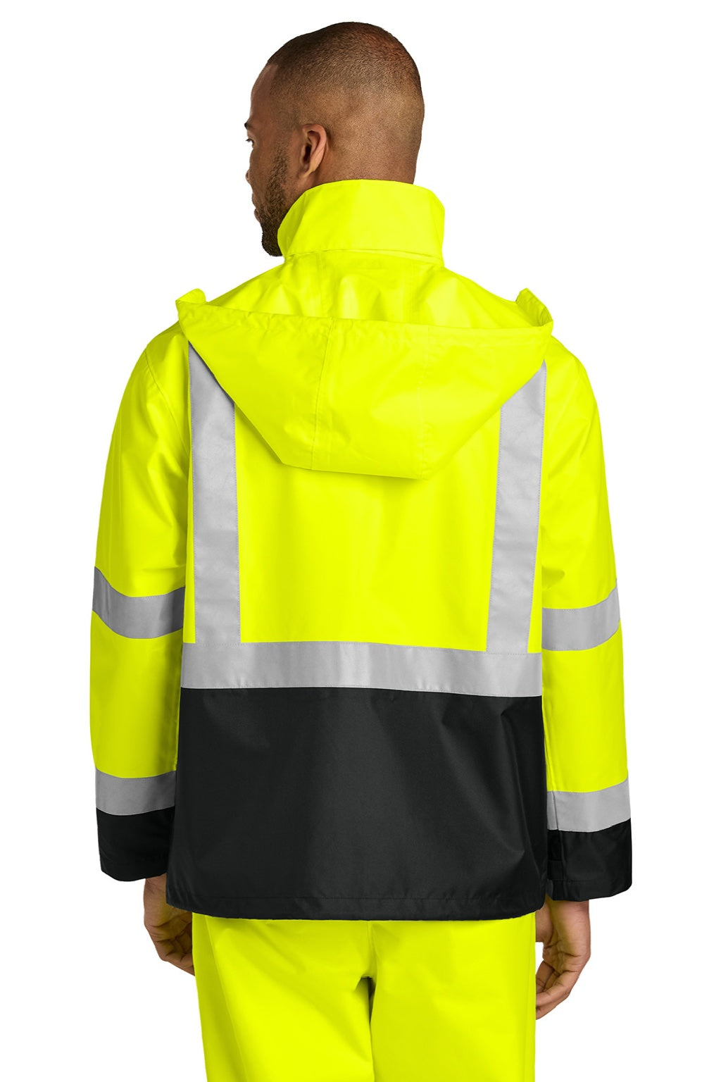 CornerStone CSJ504 Mens ANSI 107 Class 3 Full Zip Hooded Rain Jacket Safety Yellow/Black Model Back