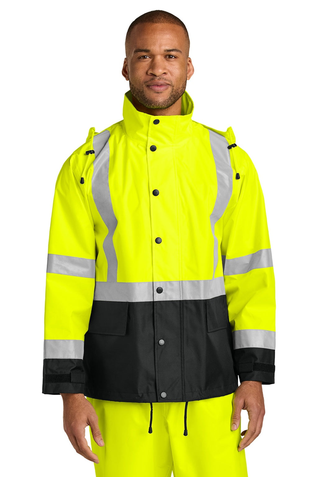 CornerStone CSJ504 Mens ANSI 107 Class 3 Full Zip Hooded Rain Jacket Safety Yellow/Black Model Front