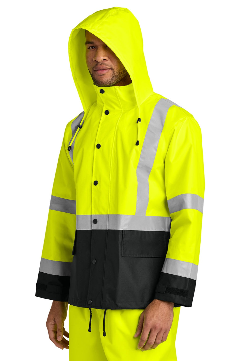 CornerStone CSJ504 Mens ANSI 107 Class 3 Full Zip Hooded Rain Jacket Safety Yellow/Black Model 3Q