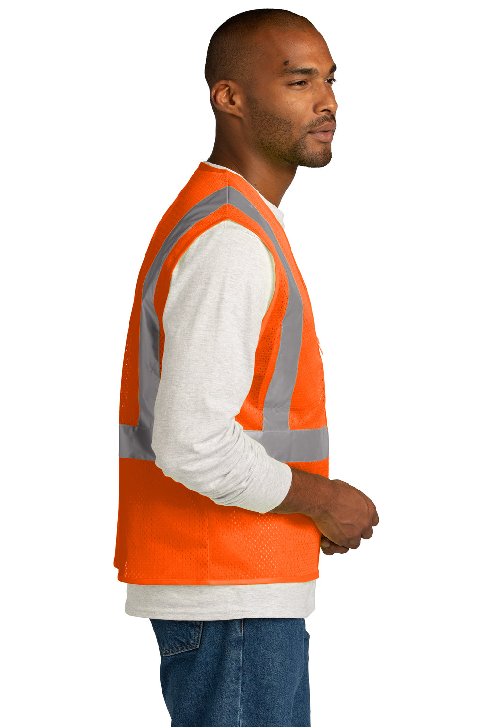 CornerStone CSV102 Mens ANSI 107 Class 2 Mesh Zipper Vest Safety Orange Model Side