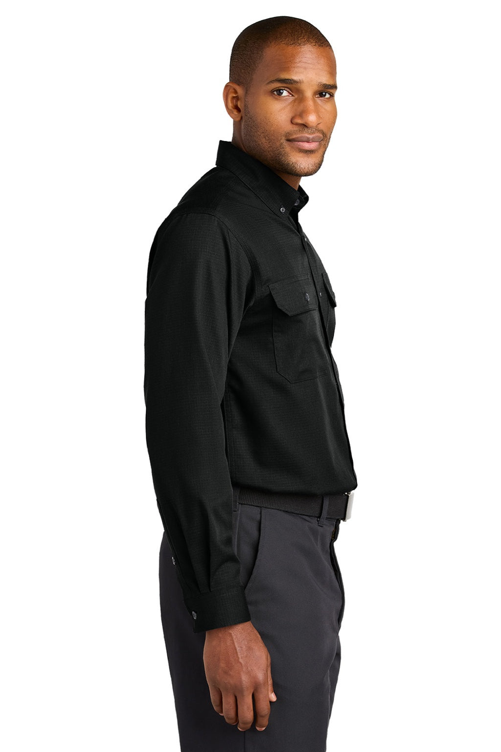 CornerStone CSW174 Mens Select Ripstop Stain Resistant Long Sleeve Button Down Shirt w/ Pockets Black Model Side