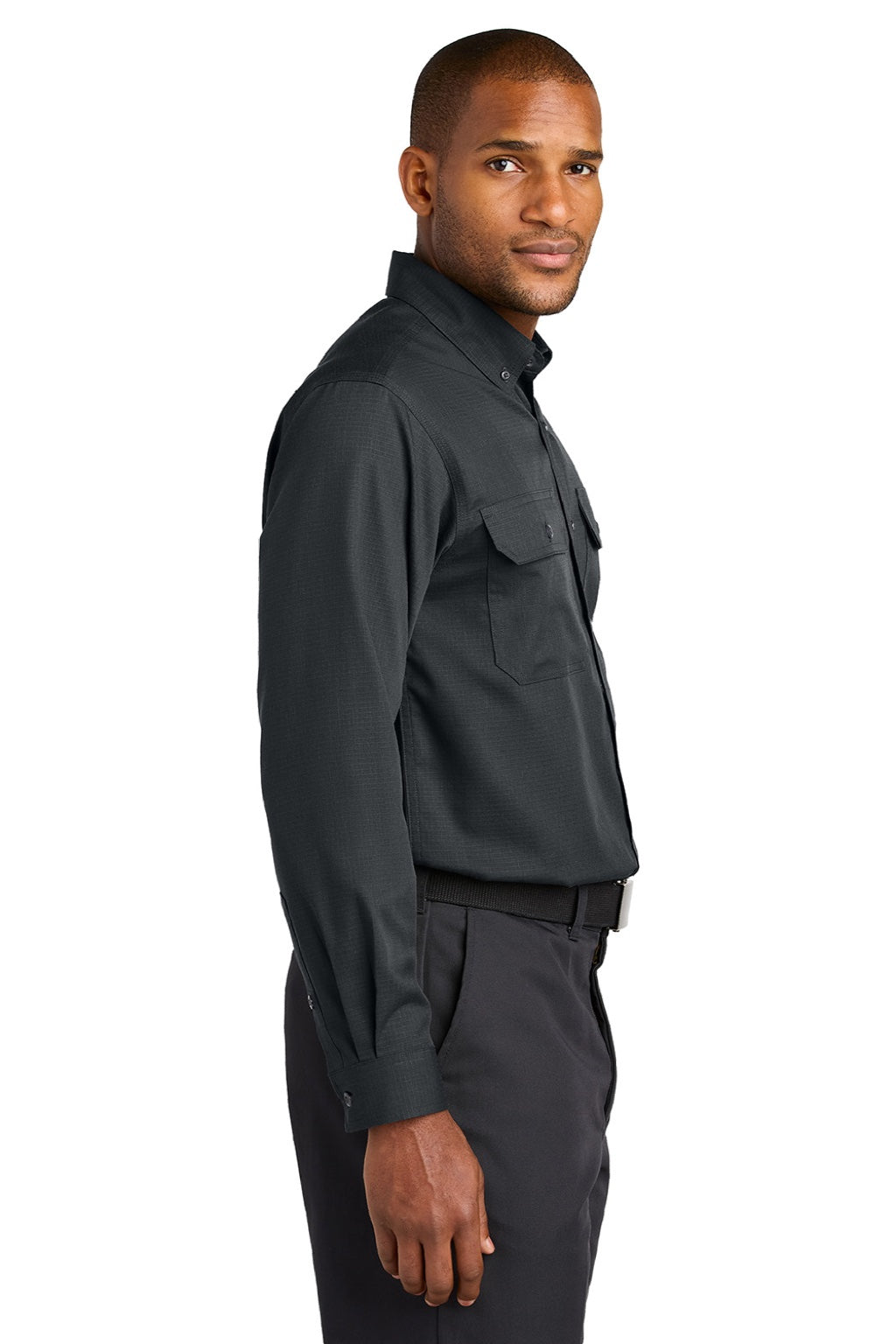 CornerStone CSW174 Mens Select Ripstop Stain Resistant Long Sleeve Button Down Shirt w/ Pockets Echo Steel Grey Model Side
