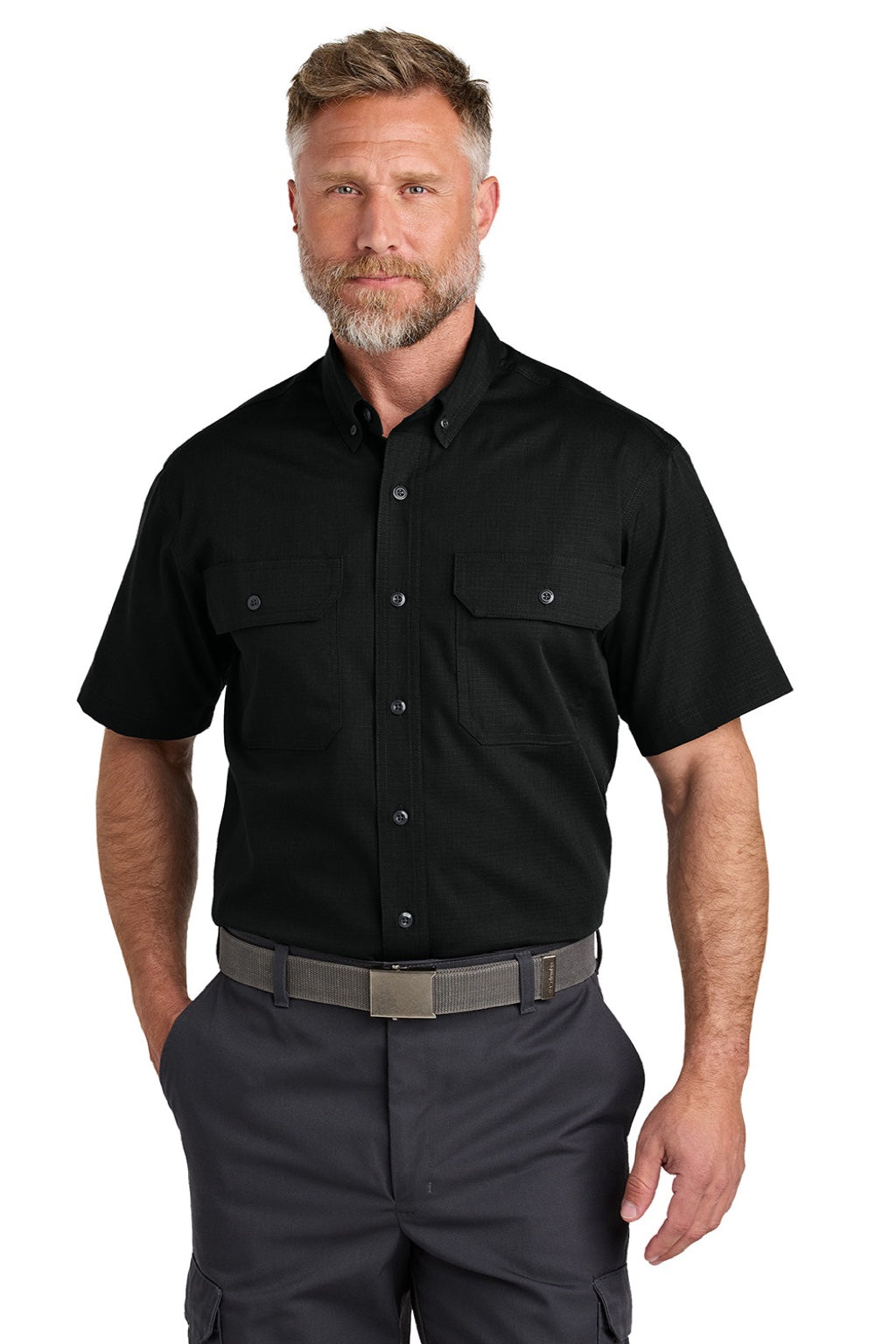 CornerStone CSW175 Mens Select Ripstop Stain Resistant Short Sleeve Button Down Shirt w/ Pockets Black Model Front