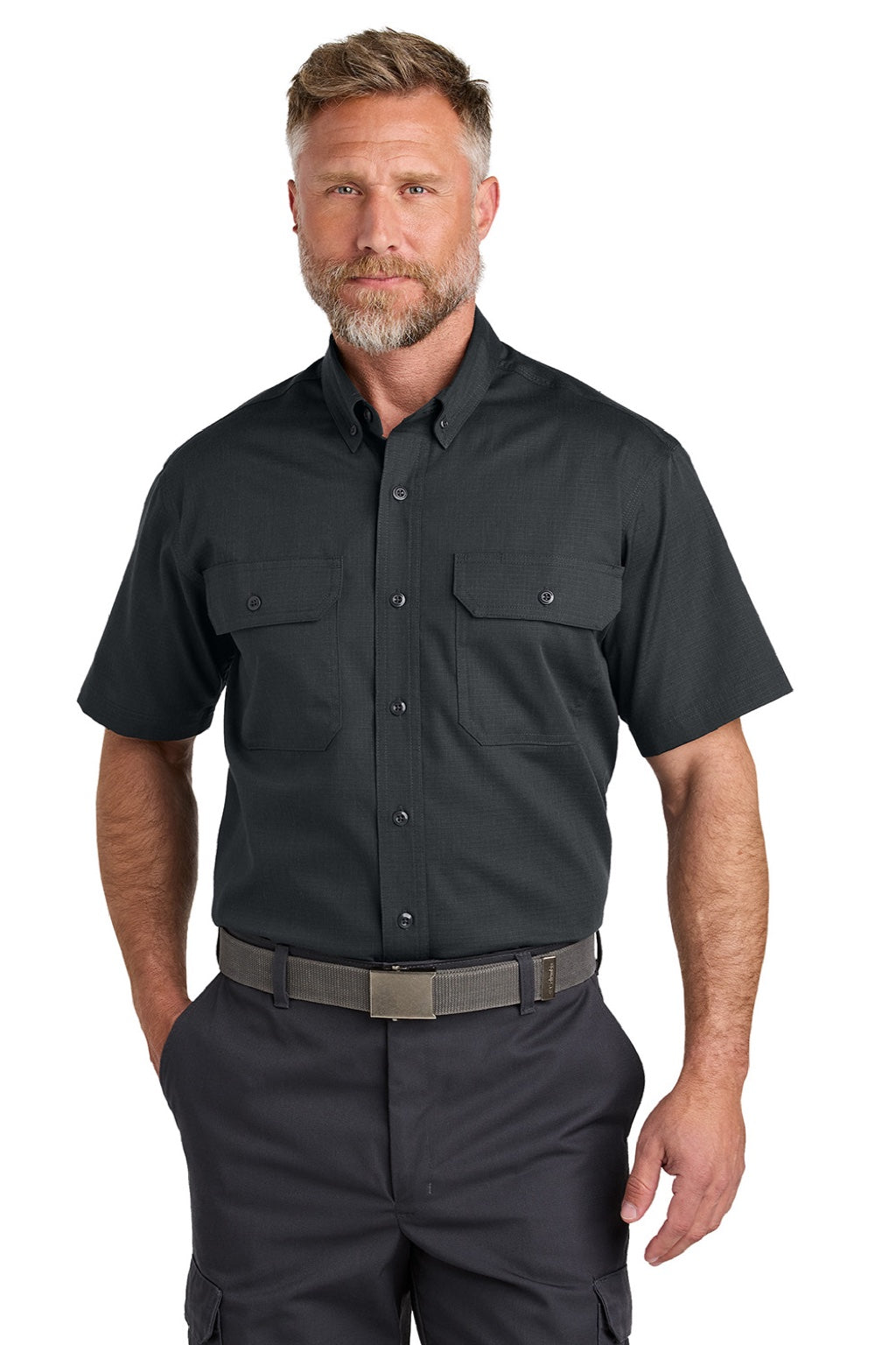 CornerStone CSW175 Mens Select Ripstop Stain Resistant Short Sleeve Button Down Shirt w/ Pockets Echo Steel Grey Model Front
