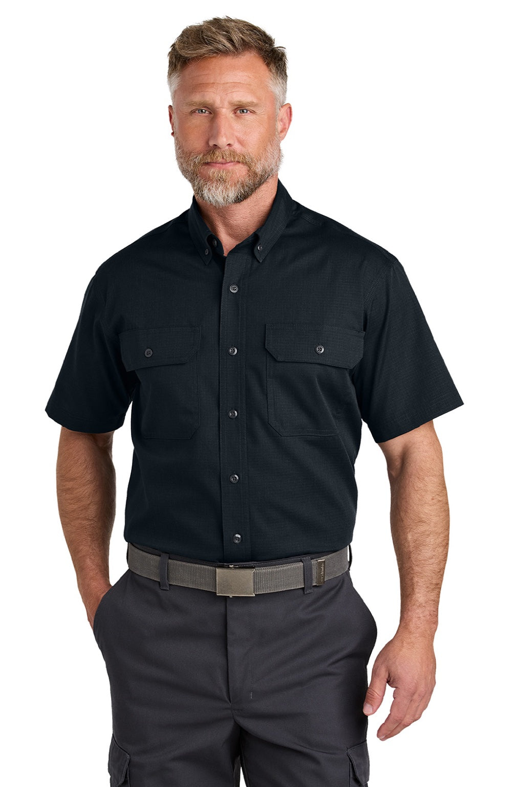 CornerStone CSW175 Mens Select Ripstop Stain Resistant Short Sleeve Button Down Shirt w/ Pockets Navy Blue Model Front