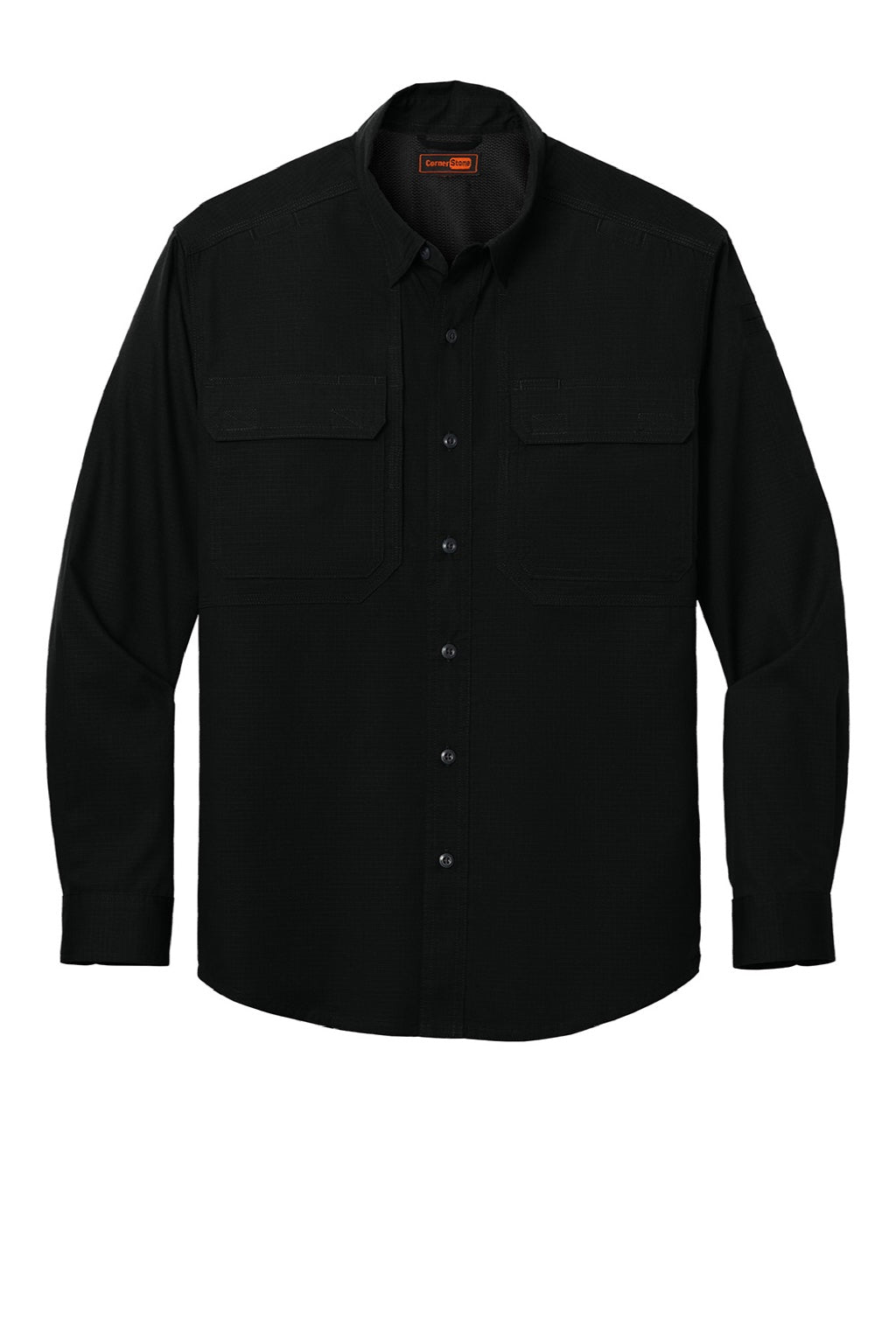 CornerStone CSW176 Mens Select Tactical Stain Resistant Long Sleeve Button Down Shirt w/ Pockets Black Flat Front