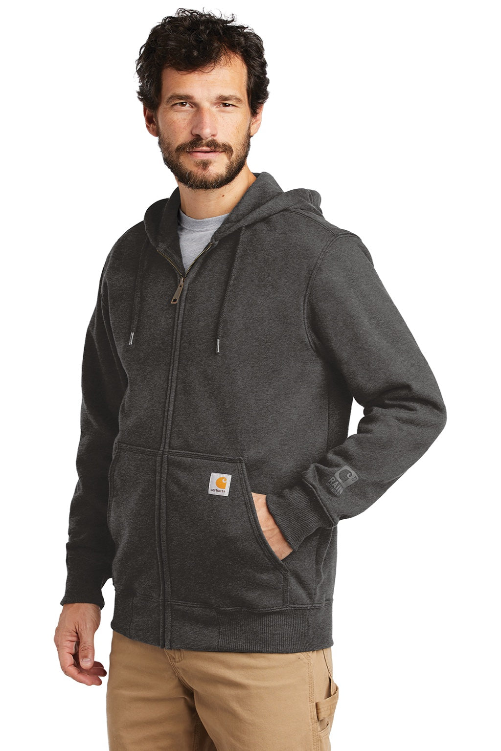 Carhartt CT100614 Mens Paxton Rain Defender Water Resistant Full Zip Hooded Sweatshirt Hoodie w/ Pockets Heather Carbon Grey Model 3Q