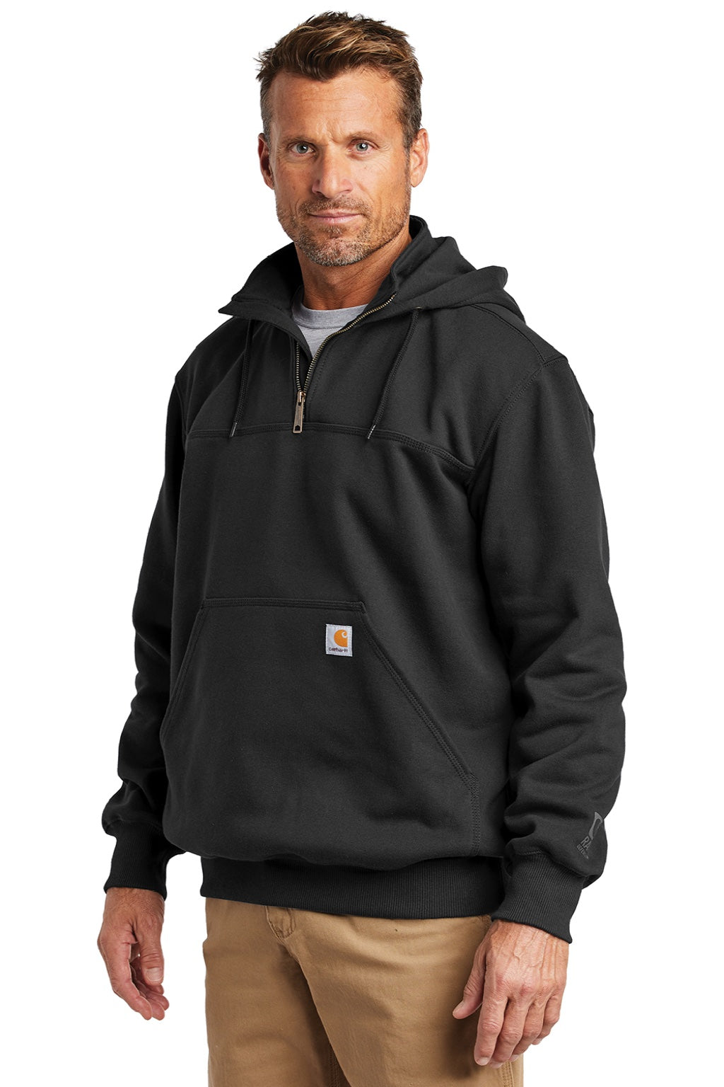 Carhartt CT100617 Mens Paxton Rain Defender Water Resistant 1/4 Zip Hooded Sweatshirt Hoodie w/ Pouch Pocket Black Model 3Q