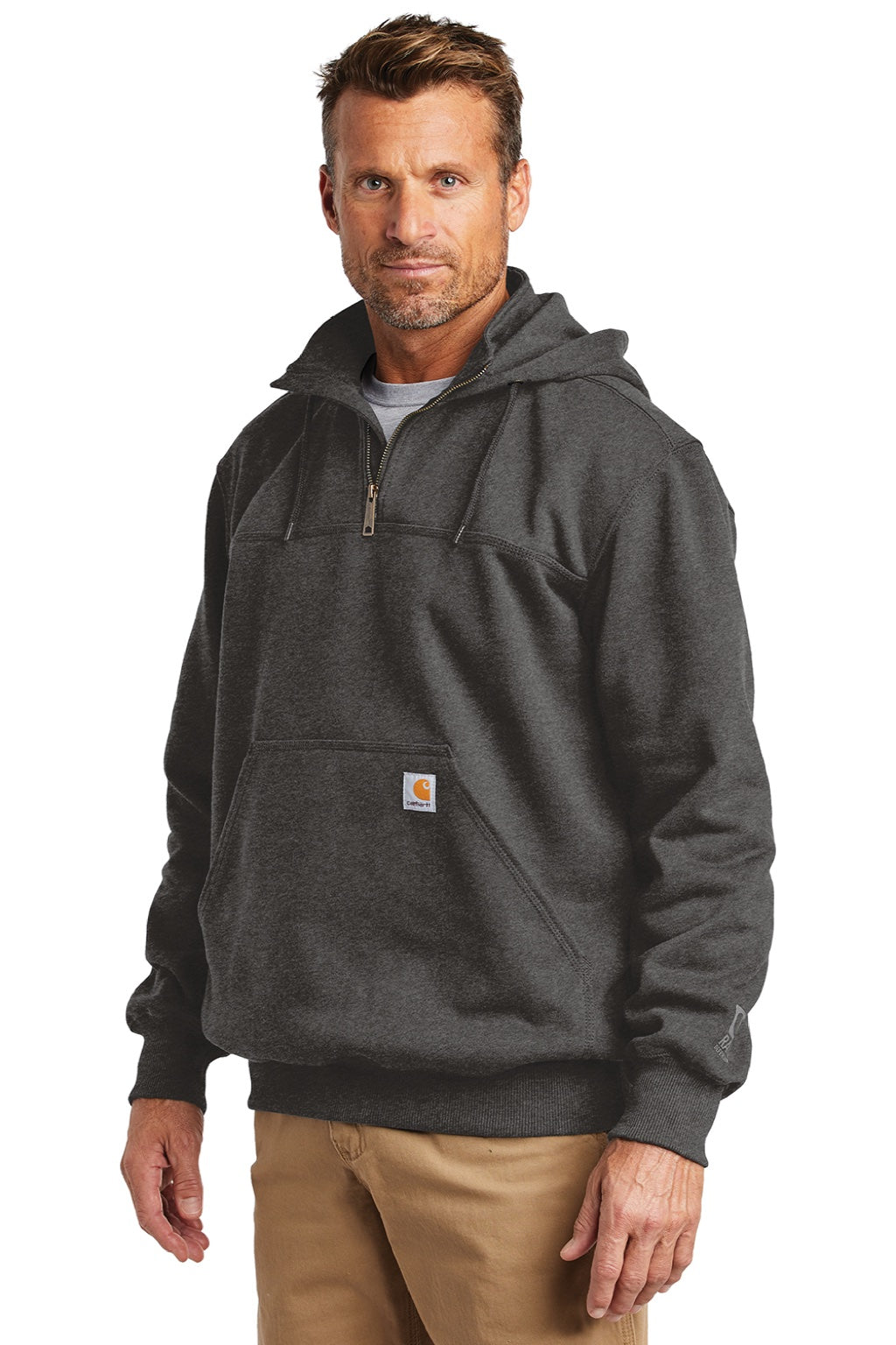 Carhartt CT100617 Mens Paxton Rain Defender Water Resistant 1/4 Zip Hooded Sweatshirt Hoodie w/ Pouch Pocket Heather Carbon Grey Model 3Q