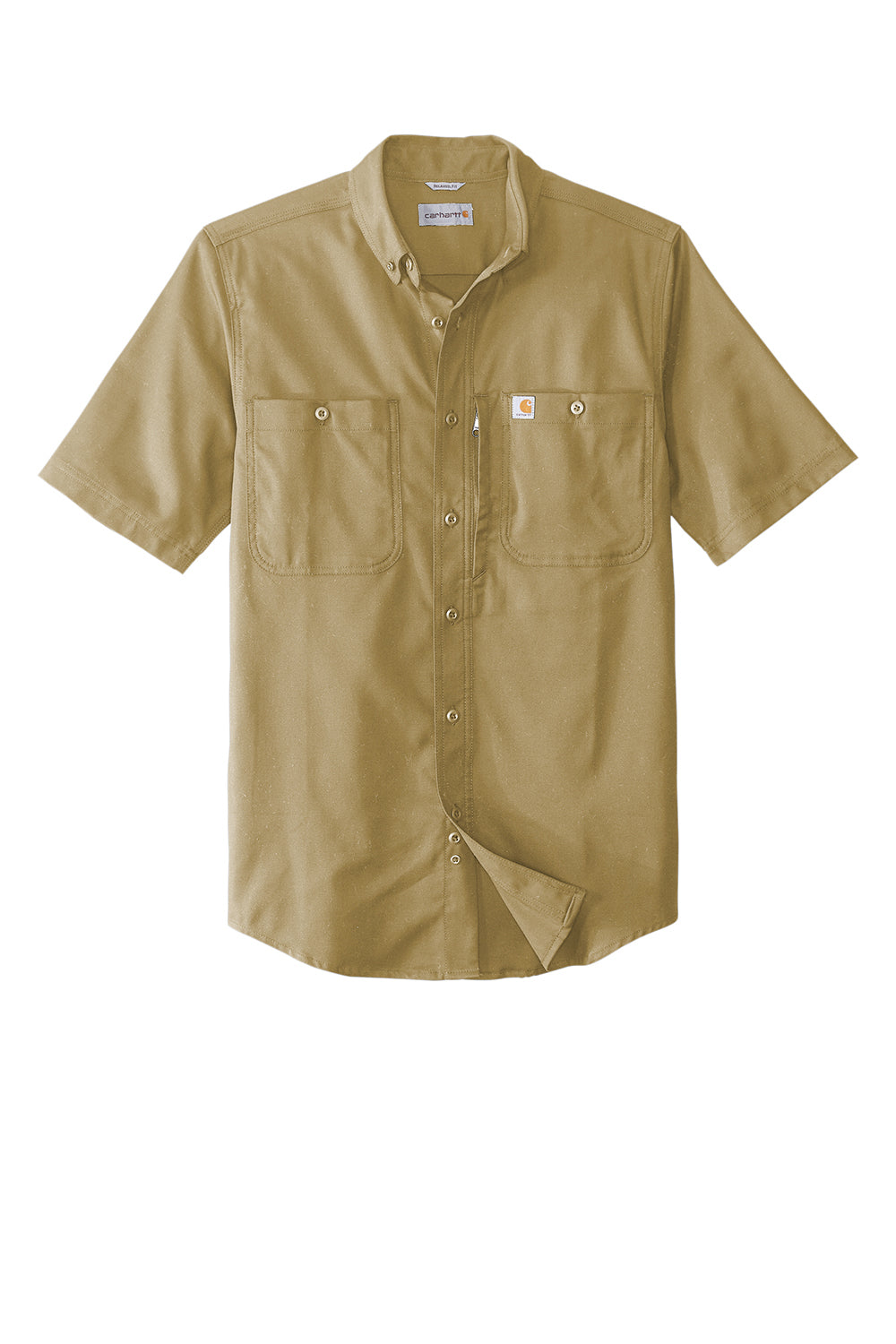 Carhartt CT102537 Mens Rugged Professional Series Wrinkle Resistant Short Sleeve Button Down Shirt w/ Pocket Dark Khaki Brown Flat Front