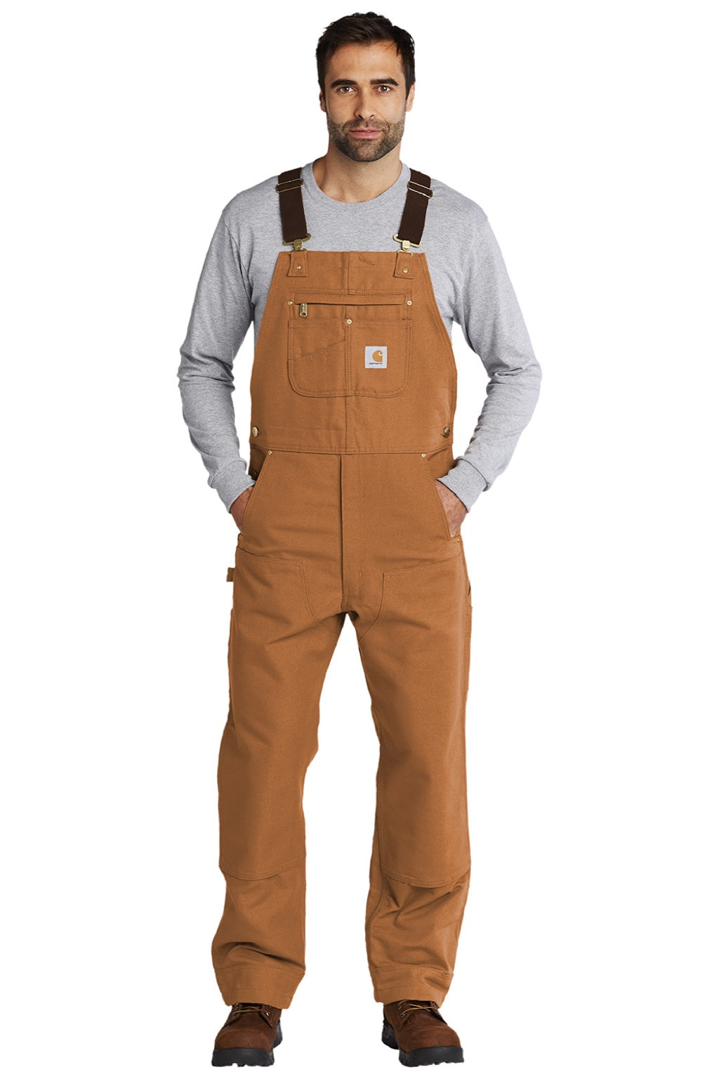 Carhartt CT102776 Mens Duck Unlined Bib Overalls w/ Pockets Brown Model Front