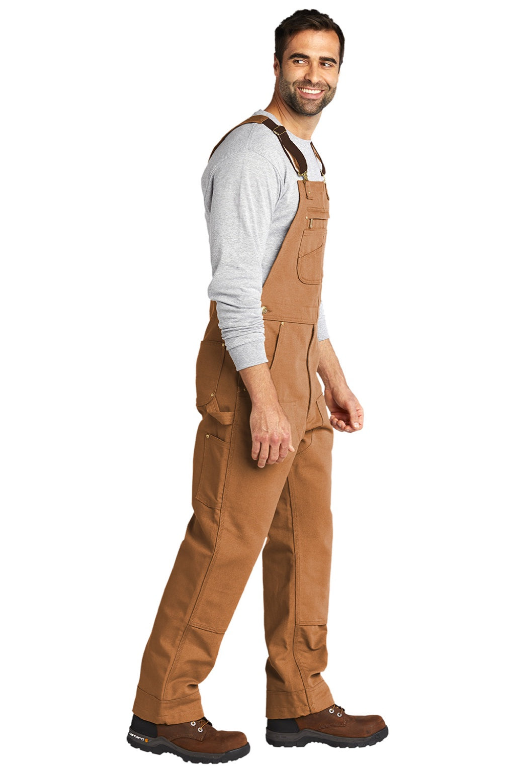Carhartt CT102776 Mens Duck Unlined Bib Overalls w/ Pockets Brown Model Side