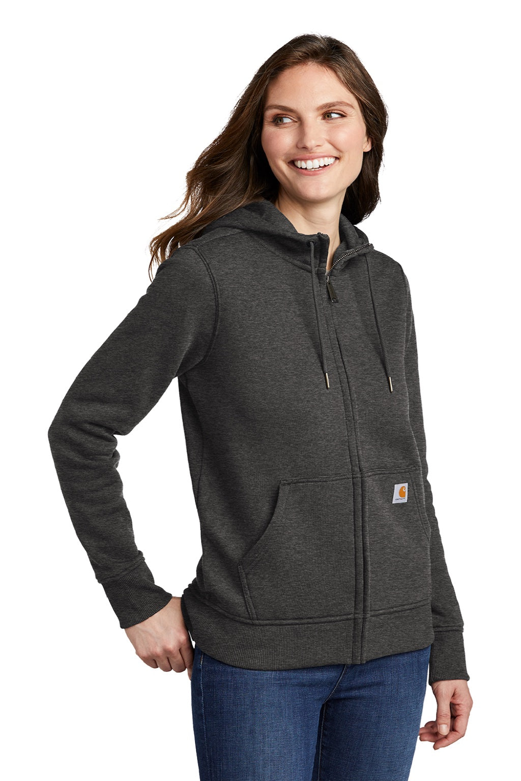 Carhartt CT102788 Womens Clarksburg Full Zip Hooded Sweatshirt Hoodie w/ Pockets Heather Carbon Grey Model 3Q